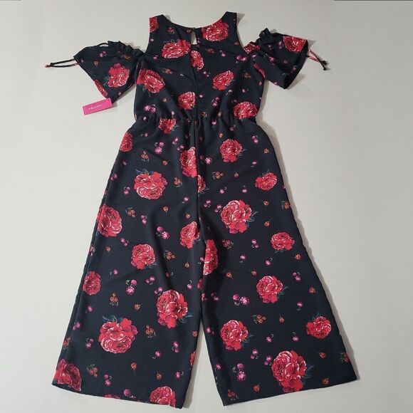 Xhilaration Women's Black Red Floral Cold Shoulder One Piece Ruffle Jumpsuit - Picture 16 of 16
